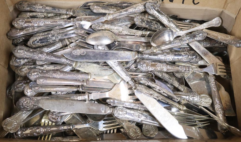 A quantity of assorted plated and silver handled flatware, with Kings pattern handles